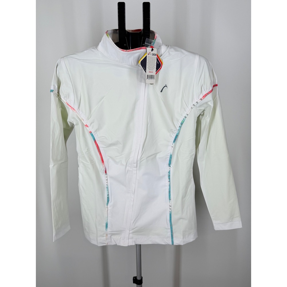 SwingDish Womens White Full Zip Golf Tennis Jacket Floral Trim XL NEW